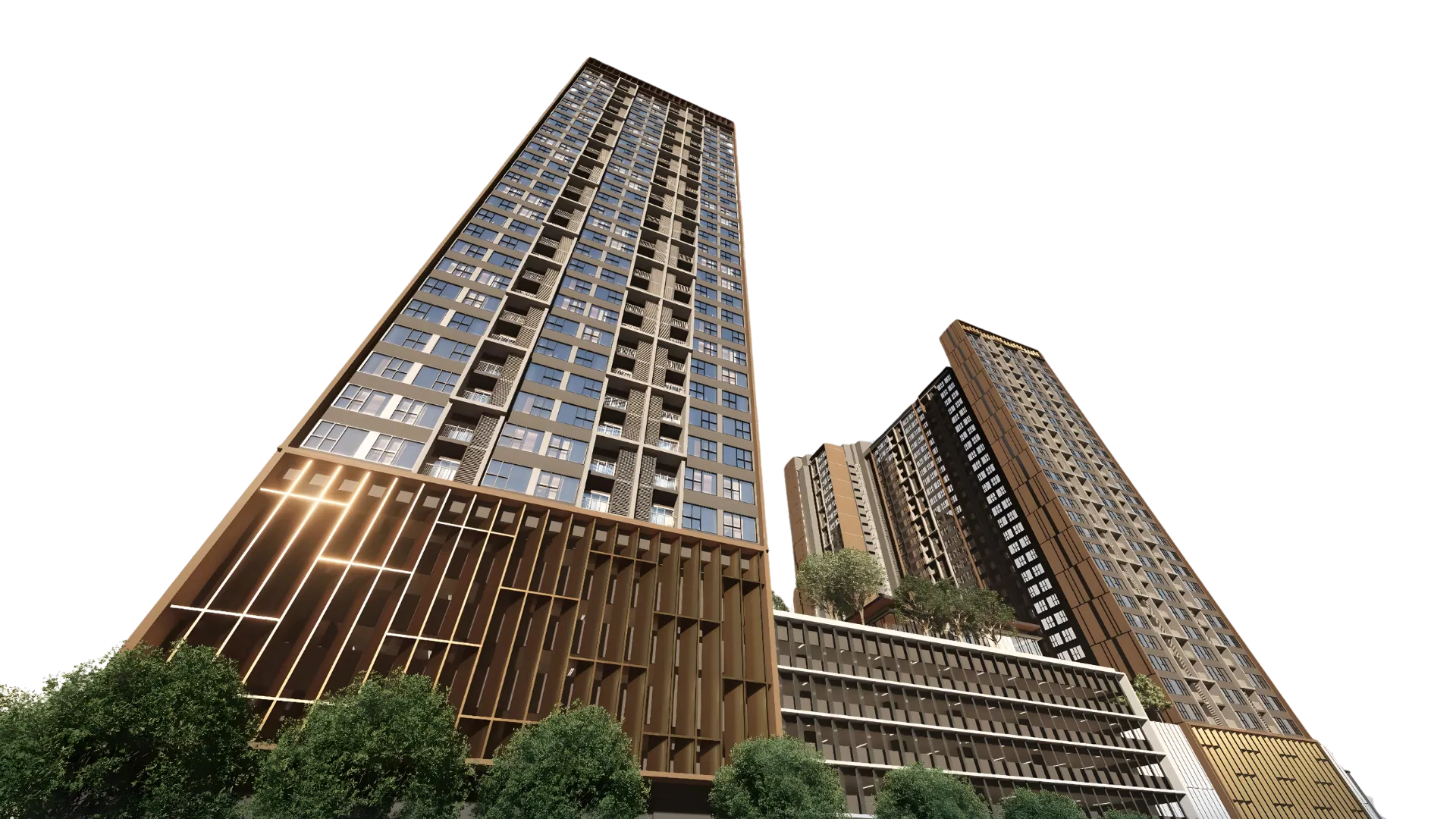 Artist’s impression of the tower facade at Parkland By The River, seen from below