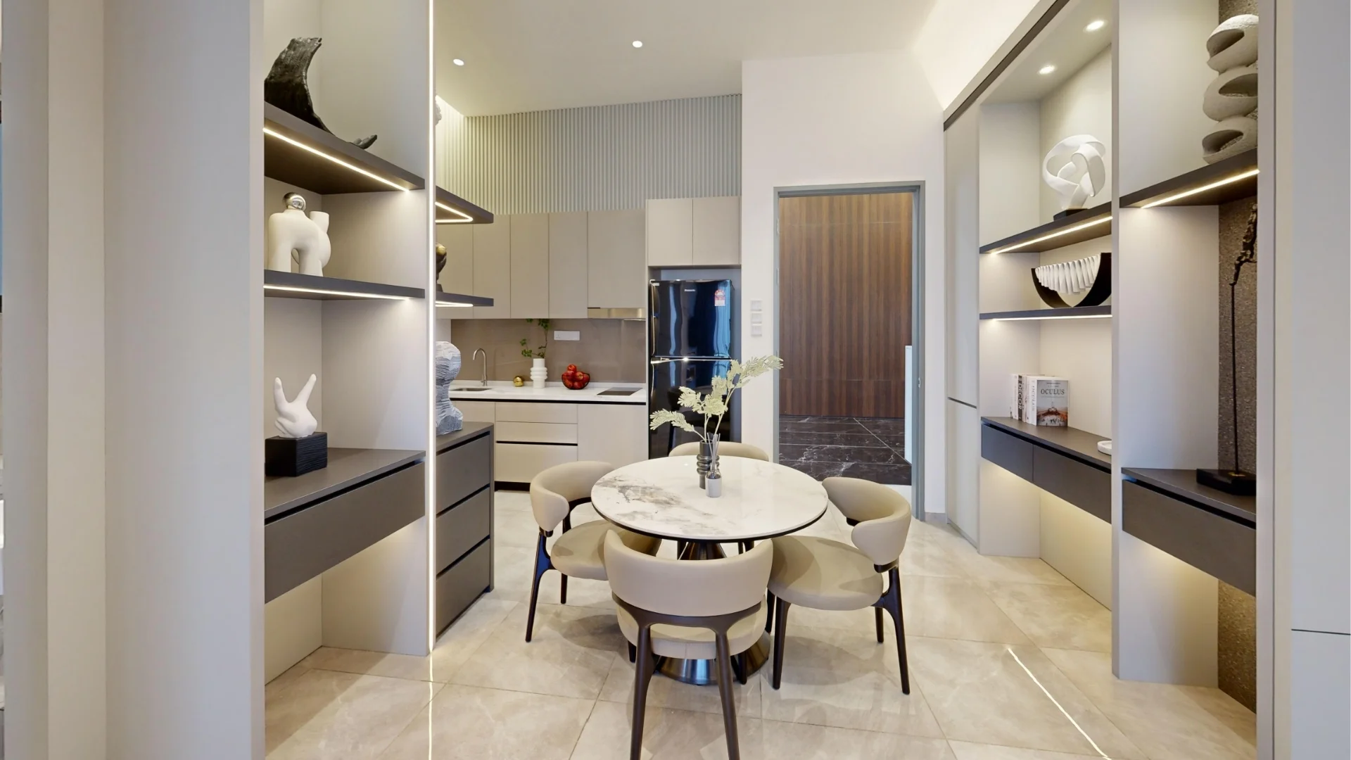 Type A show-unit dining area with the kitchen behind